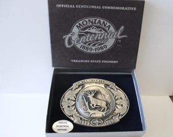 1989 MONTANA Centennial Buck MULE DEER Commemorative Pewter Belt Buckle with Genuine Montana Sapphire Limited Edition Treasure State Foundry