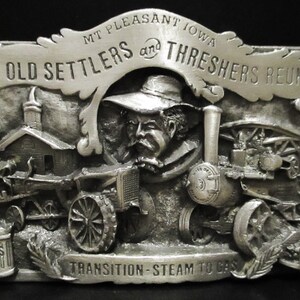1982 Old Settlers & Threshers Reunion Mt. Pleasant Iowa  &quot;Transition&quot;  Pewter Belt Buckle Featuring a Wood Brothers Thresher  Tractor Church