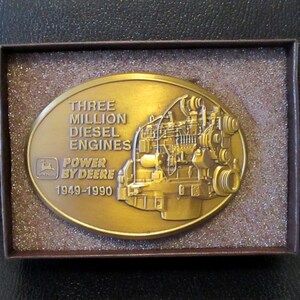1949 - 1990 John Deere Worldwide Diesel Engine Manufacturing 3 Million Engines Brass Belt Buckle Dubuque & Waterloo Iowa and Saran France jd