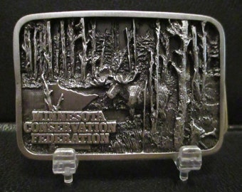 1989 Minnesota Conservation Federation Moose In Woods Timber Pewter Belt Buckle Limited Ed 231/750 MN DNR State Hunting Habitat