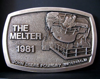 RARE John Deere Foundry Waterloo Iowa The Melter 1981 EMPLOYEE ONLY Antique Nickle Plate Belt Buckle Limited Edition Serial No. 024 jd