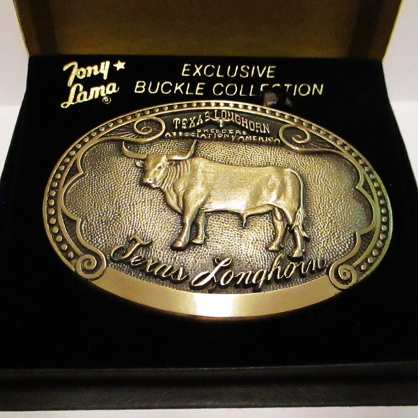 Tony Lama Texas Longhorn-Stier Kuh-Vererber- Massiv Messing Gürtelschnalle Rinderrasse Serie ERSTE Ausgabe Breeders Association of America TLBAA