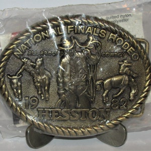 Vintage Hesston 1982 Rodeo National Finals NFR 8th Edition Collector's Brass Belt Buckle Bronc Riding Calf Roping Cowboy 9th Telecast NEW!