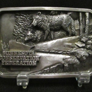 1990 Minnesota Conservation Federation Wolves in the Woods Pewter Belt Buckle Limited Ed 231/750 MDNR State Hunting Habitat