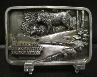 1990 Minnesota Conservation Federation Wolves in the Woods Pewter Belt Buckle Limited Ed 231/750 MDNR State Hunting Habitat