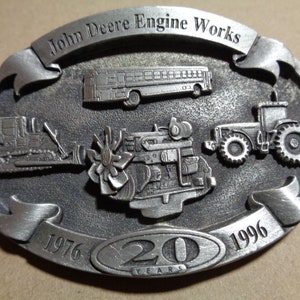 John Deere Engine Works Pewter Belt Buckle 20 Year Anniversary 1976- 1996 Limited Edition Tractor Crawler Dozer Bulldozer Bus JD Collectible