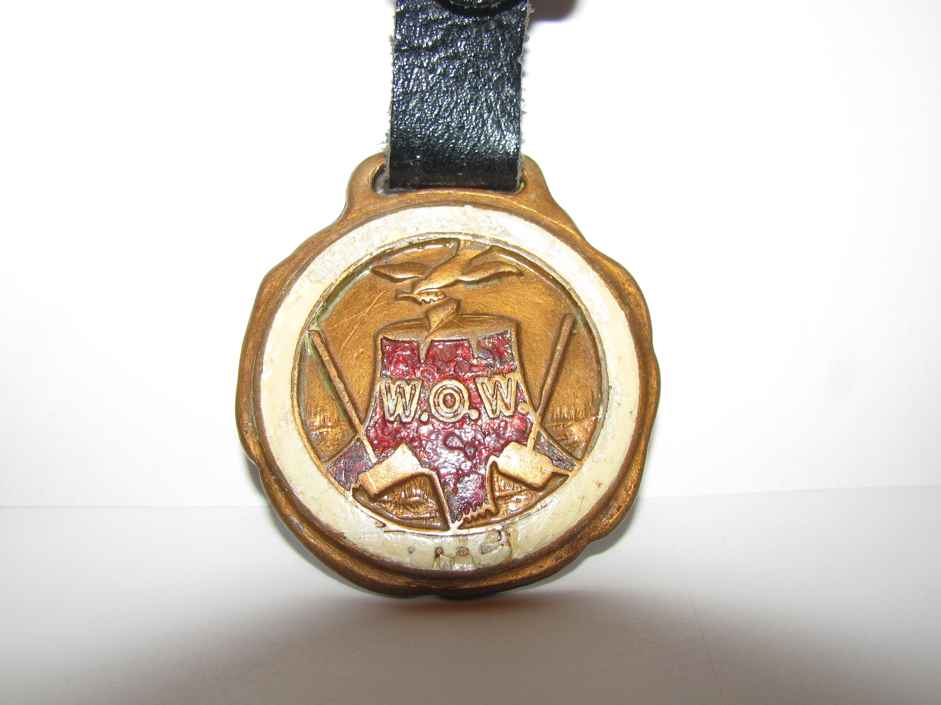 Woodmen of World WOW Fraternal Benefit Society Tree Stump Ax Hammer and Bird Brass & Enamel Pocket Watch Fob with Leather Strap Vintage