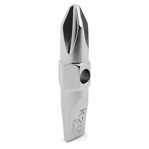 May include: A silver screwdriver bit with a pointed tip and a hexagonal shaft. The bit is labeled "K20 Tools".