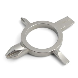 May include: A silver multi-tool with a ring in the center and four different screwdriver heads.