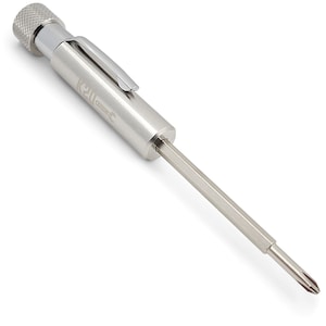 May include: A silver-toned screwdriver with a retractable handle and a K21C logo. The screwdriver has a hexagonal shaft and a Phillips head.