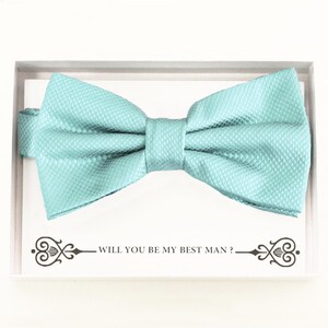 Aqua bow tie Miglior uomo Groomsman Uomo d'onore Ring Bearer bow e modello richiesta regalo, Bambini arco Compleanno congratulazioni, Regolabile Pre legato