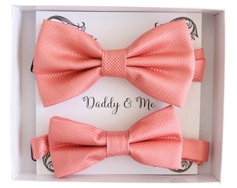 Peach pink salmon Bow tie set Daddy me gift set Father son match daddy me bow Handmade kids bow Adjustable pre tie, 1st birthday boy