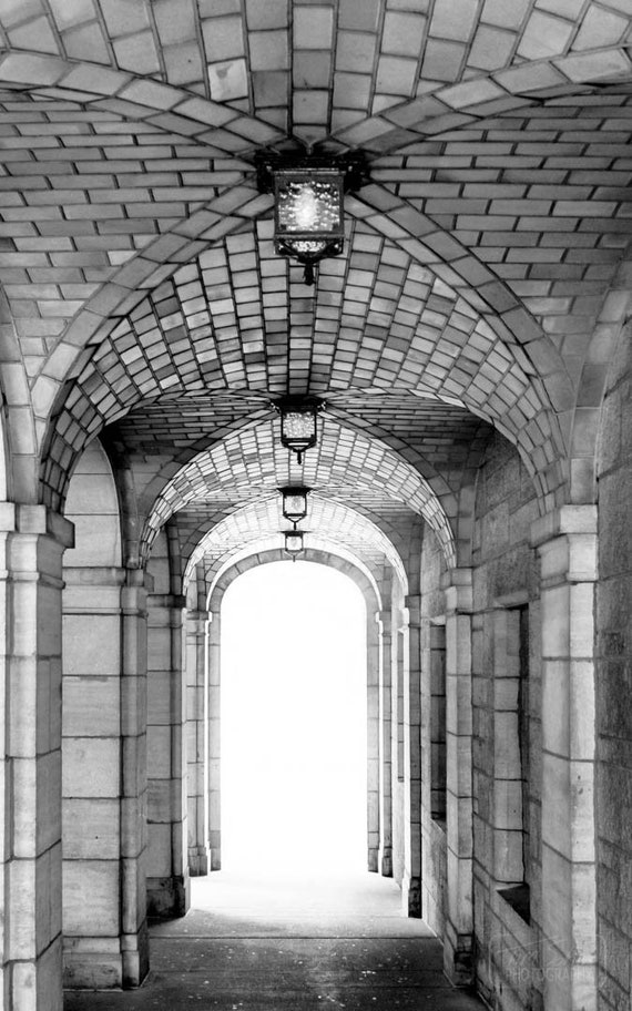 Tunnel Into the Light Canada Quebec Photograph Chateau Frontenac Arch Stone  Tunnel Black and White Landscape Photo Picture 