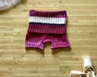 Handknit Striped Warmup Shorts for Ballet-Pink and White, Child Large