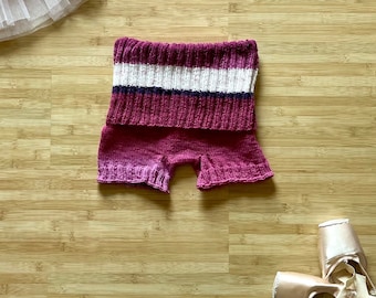 Handknit Striped Warmup Shorts for Ballet-Pink and White, Child Large