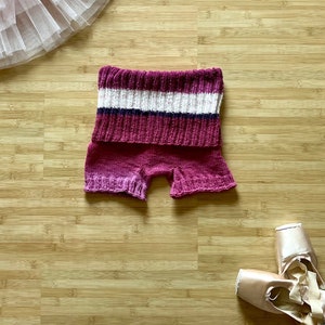 Handknit Striped Warmup Shorts for Ballet-Pink and White, Child Large