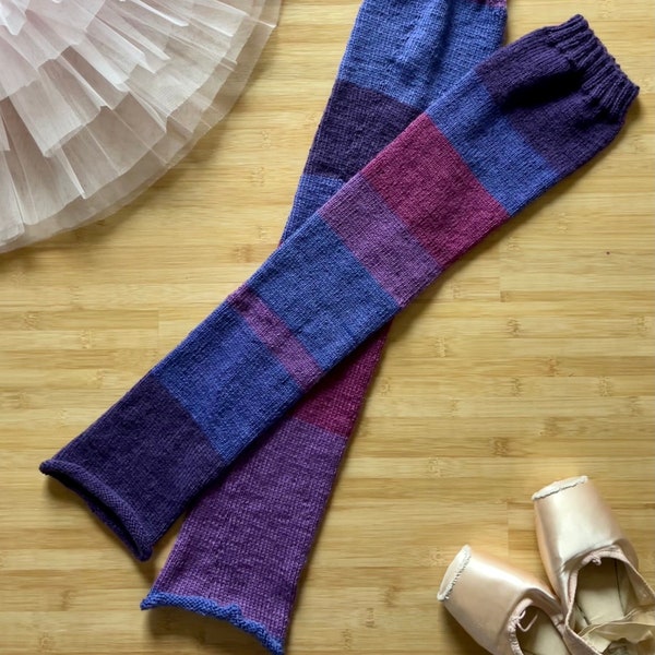 Handknit Ballet Legwarmers Merino Wool-Dark Blues and Purples, 26 Inches