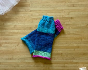 Handknit ballet legwarmers, short in blues, teals, and pink -12.5 inches