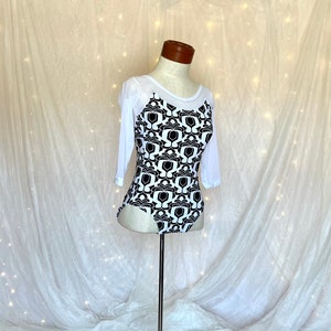 Ballet Leotard with three-quarter sleeves in black and white with striped mesh