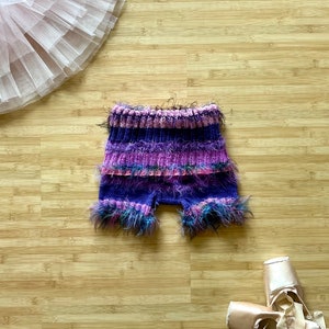 Handknit Striped Warmup Shorts for Ballet-Pink and Purple with Fuzzy Yarn, Child Medium/Large