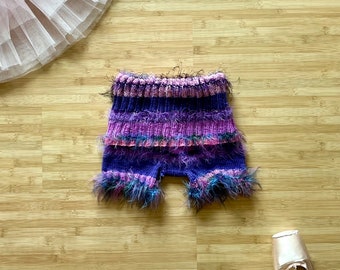 Handknit Striped Warmup Shorts for Ballet-Pink and Purple with Fuzzy Yarn, Child Medium/Large