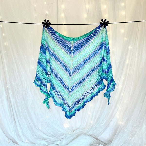 Handknit Ballet Wrap Shawl-Green and Blue Mesh with Ruffle