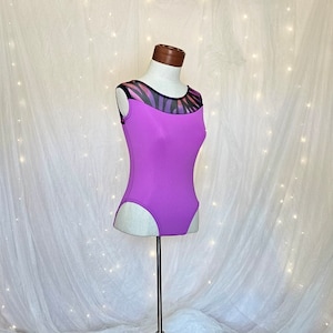 Women&#39;s Ballet Leotard in fuchsia with black print mesh tank