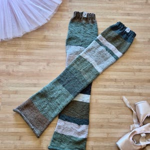 Hand knit ballet legwarmers in greens- 29 inches