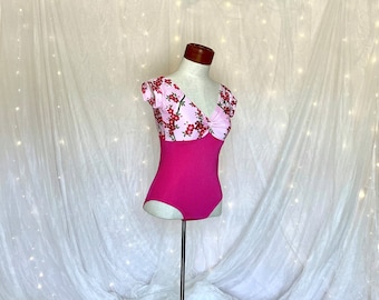 Women's Ballet Leotard in bright pink with light pink floral top