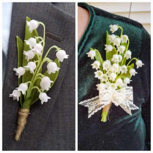 Lily of the Valley Corsage and Boutonniere for Wedding, Groom Boutonniere, Pin-on Corsage for Mother of the Bride, Groomsmen Boutonniere