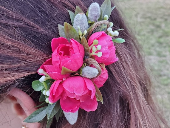 Hot Pink Floral Hair Accessory, Prom Hair Clip, Floral Hairpiece