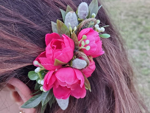 Hot Pink Floral Hair Accessory, Prom Hair Clip, Floral Hairpiece