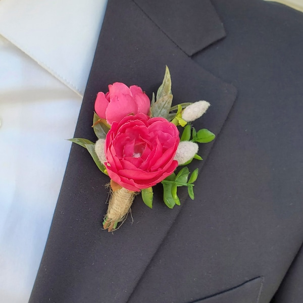 Medium Pink Boutonniere for weddings, Rustic Boutonniere, Hot Pink Boutonniere for groom and groomsmen, Rose Boutonniere for Groom