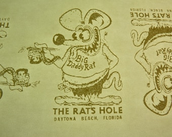 Rats Hole -Rat Fink T Shirt Iron On Transfer - ORIGINAL Ed Roth Art RETRO Kustom Kulture x2 (1 blanc 1 Jaune) contour.