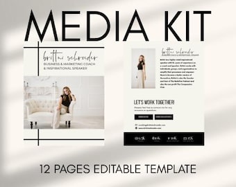 May include: A media kit template with the text "MEDIA KIT" in large black letters. The template includes a photo of a woman, the text "brittni schroeder BUSINESS & MARKETING COACH & INSPIRATIONAL SPEAKER", and the phrase "LET'S WORK TOGETHER!"