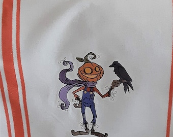 Halloween Tea Kitchen towel Pumpkin head Raven