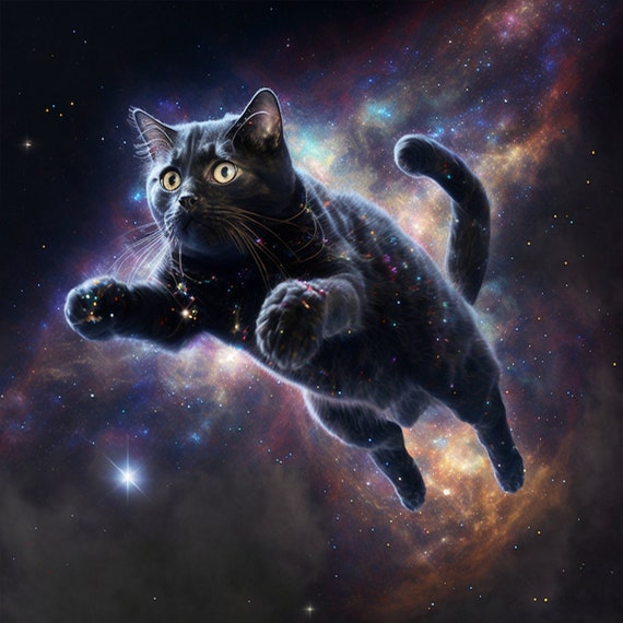 Flying Black Cat Jumping Through Space Etsy