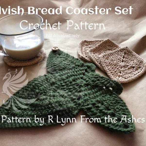 May include: A crochet pattern for an Elvish Bread Coaster Set. The pattern includes instructions for making three coasters, two in a light brown color and one in a dark green color. The pattern is by R Lynn From the Ashes.