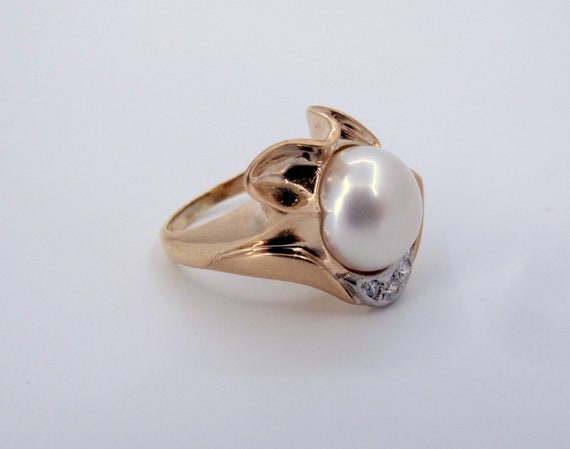 Estate 14K Gold 12mm Cultured Pearl & Diamonds La… - image 2