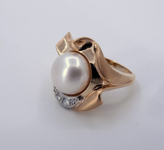 Estate 14K Gold 12mm Cultured Pearl & Diamonds La… - image 3