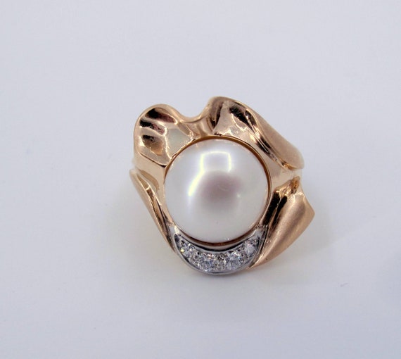 Estate 14K Gold 12mm Cultured Pearl & Diamonds La… - image 1