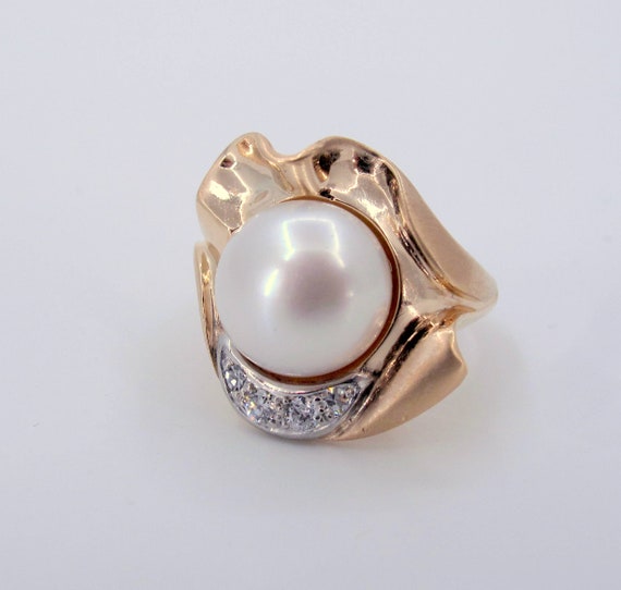 Estate 14K Gold 12mm Cultured Pearl & Diamonds La… - image 5