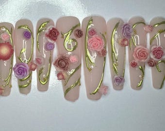 3D Floral Press On Nails: Pink Green Chrome Fairy Garden - Reusable Manicure