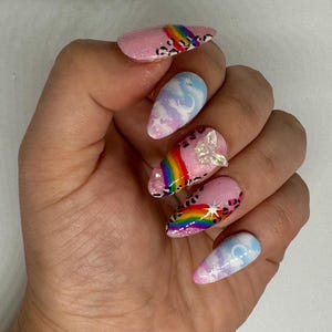 Press On Nails- Rainbow Pink Glitter Butterfly Lisa Frank Leopard Spring Gel Press Ons, custom sizing, reusable, ready to wear manicure
