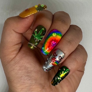 Press On Nails- 4/20 Mary Jane Trippy Mushroom Garden Hippie Gel Reusable Press Ons, custom sizing, reusable, ready to wear manicure
