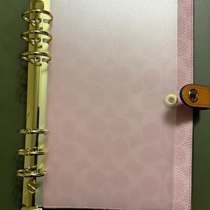May include: A planner with a pink interior and a gold-colored metal binder. The planner has a light pink translucent page protector. The cover is a dark green color with a tan leather closure.