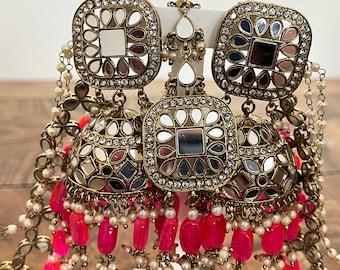 Mirror Jhumka Sahara Earrings with matching Tikka