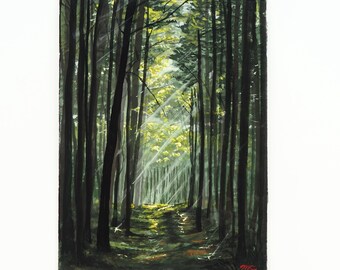 Luz del bosque - Serie Bosque 1, pintura gouache original