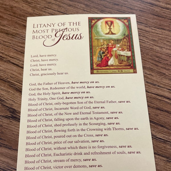 Litany of the Most Precious Blood of Jesus Prayer Card (1 Card) 4x6 Inch