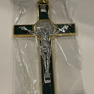 St. Benedict 8 Inch (Green W/Gold Trim) Wall Crucifix